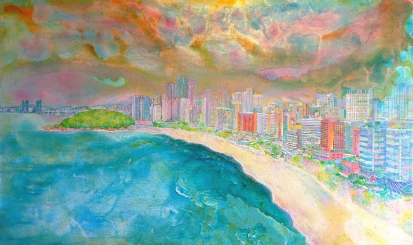  'Haundae Beach with a beautiful sunset' acrylic on canvas. 130.3 x 81 x 3 cm 2023, 안정윤