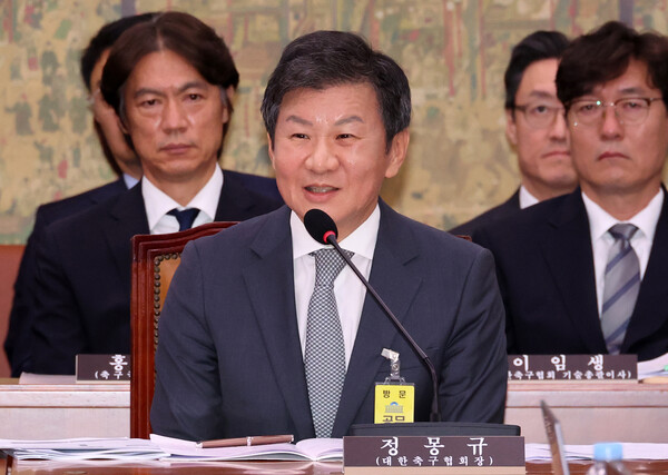 정몽규 대한축구협회 회장이 지난 9월 24일 오전 서울 여의도 국회에서 열린 문화체육관광위원회의 대한축구협회 등에 대한 현안질의에서 의원 질의에 답변하고 있다. ⓒ뉴시스