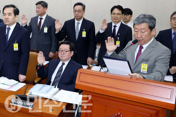 22일 오전 여의도 국회 보건복지위원회 한국보건산업진흥원 등 산하기관 국정감사에서 차순도 한국보건산업진흥원장이 발언대에 나와 선서를 하고 있다.  ⓒ민주신문 김현수 기자
