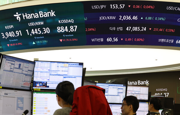 코스피가 전 거래일(4121.74)보다 66.27포인트(1.61%) 내린 4055.47에 개장한 5일 서울 중구 하나은행 딜링룸에 4000 아래 떨어진 코스피 시세가 보이고 있다. 코스닥 지수는 전 거래일(926.57)보다 4.29포인트(0.79%) 하락한 919.28에 거래를 시작했다. ⓒ 뉴시스