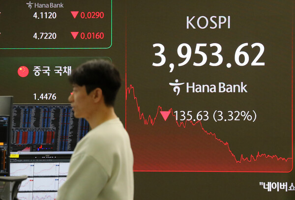 코스피가 전 거래일(4089.25)보다 135.63포인트(3.32%) 내린 3953.62에 마감한 18일 오후 서울 중구 하나은행 딜링룸 전광판에 지수가 표시되고 있다. ⓒ 뉴시스